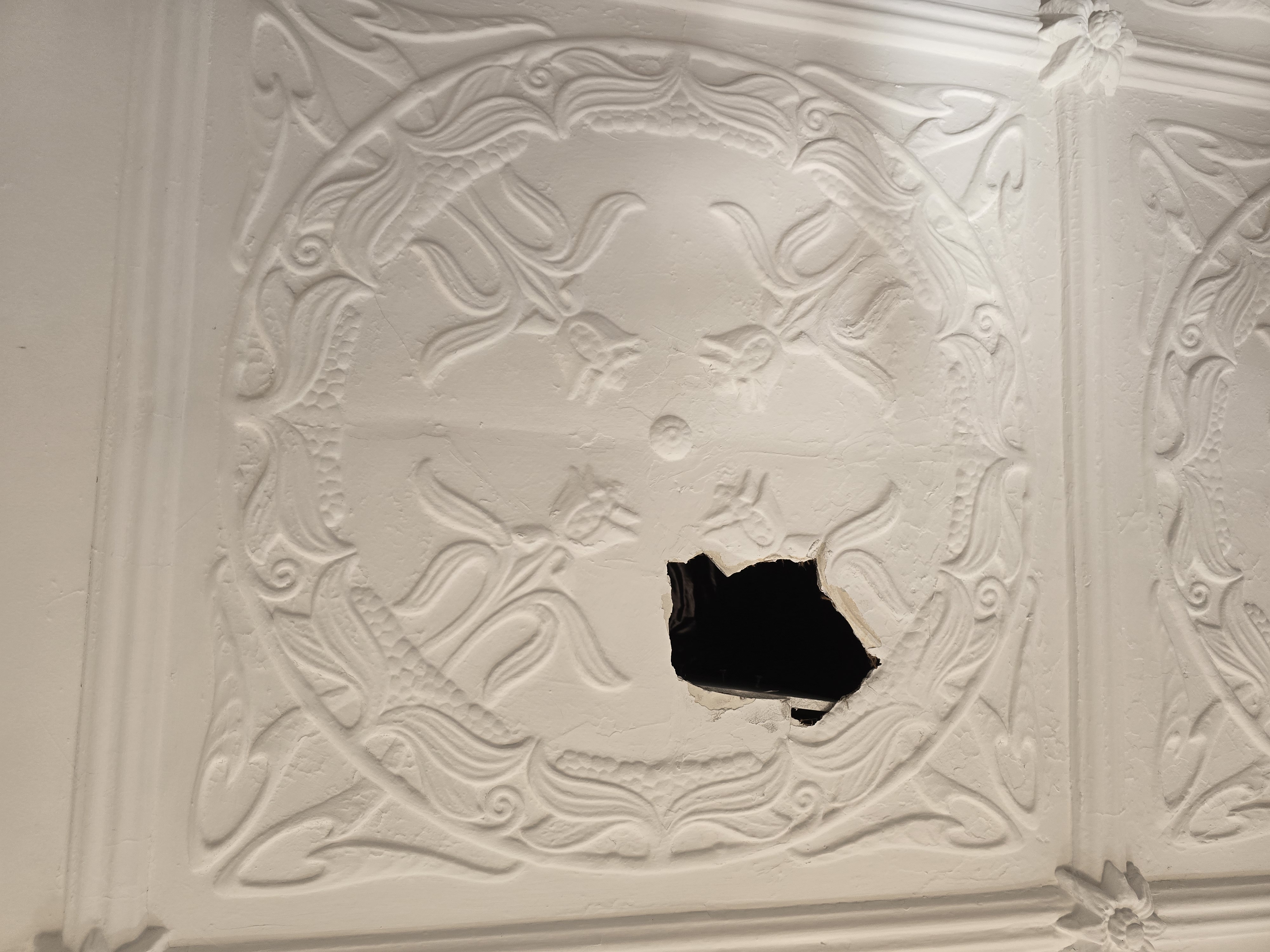 Before — hole in decorative plaster ceiling panel